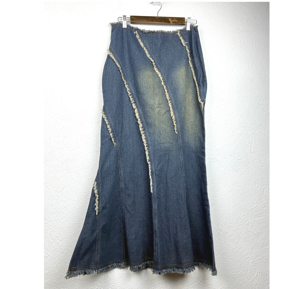 Cider Blue Denim Maxi Skirt - L - Raw Edge Distressed Mermaid Boho Y2K Grunge
